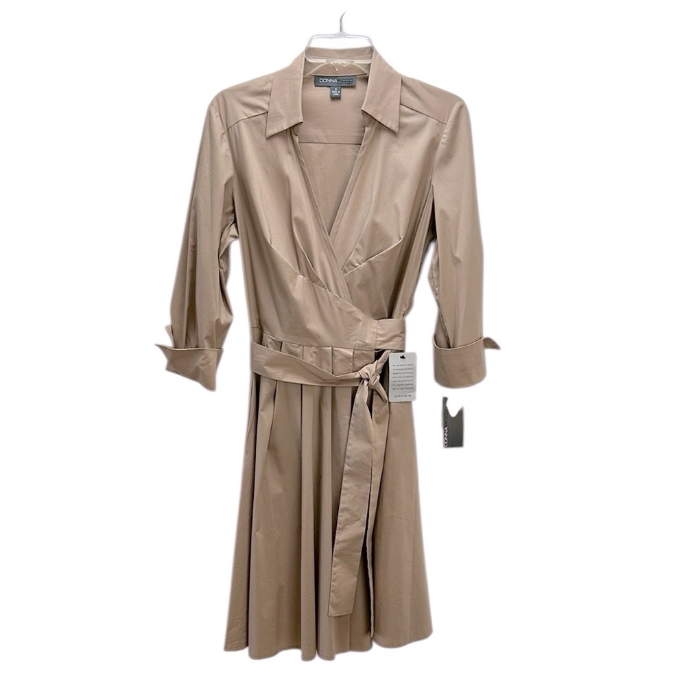 Vtg Donna Ricco Tan True Wrap‎ Dress 8 V-Neck 3/4 Sleeves Full Pleated A-Line